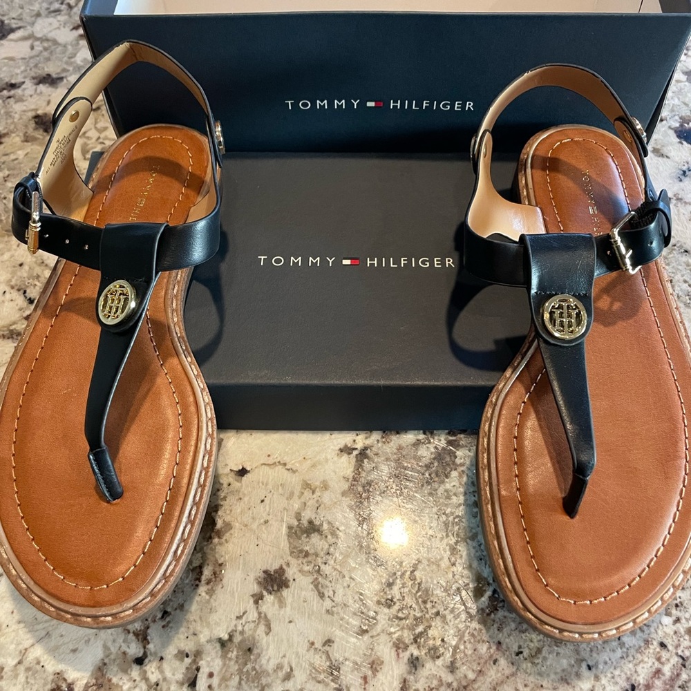 Tommy Hilfiger Black and Brown Sandals